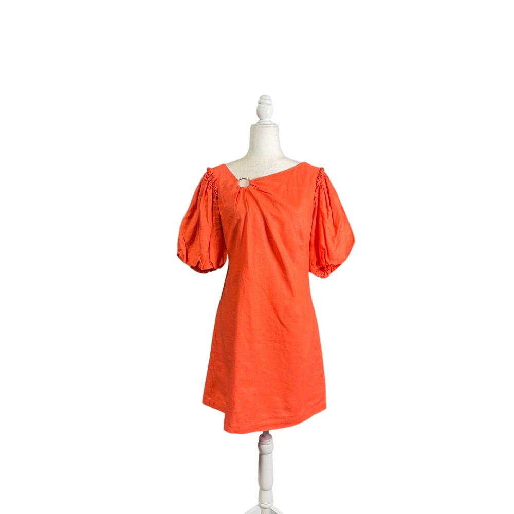 DKNY Linen Blend Puff Sleeve Mini Dress Orange‎ Size Large NWT